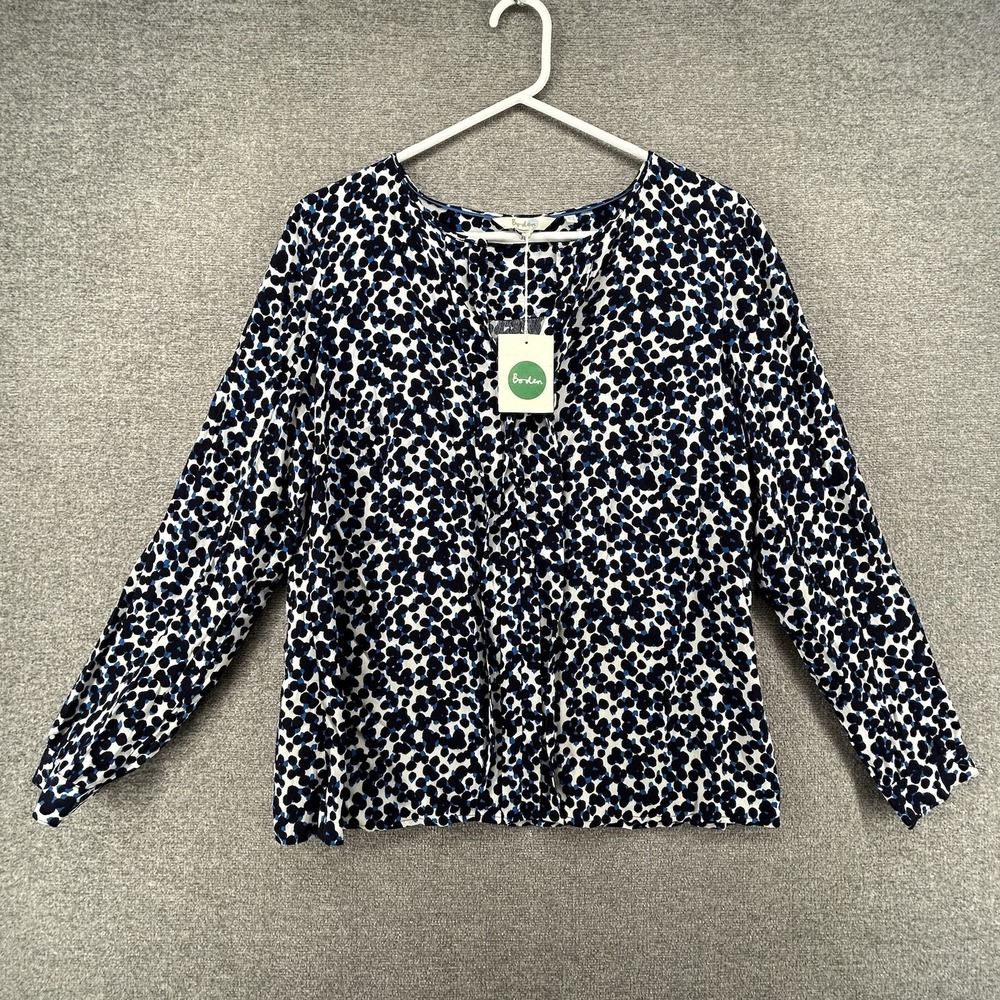 Boden Long Sleeve Blouse Women Size 10 White Black Blue Print Casual